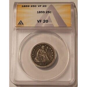 1859 Seated Liberty Quarter VF20 ANACS Toned